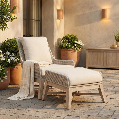 White Outdoor Footstool, Teak Base, Rope Weave, Removable Cushion