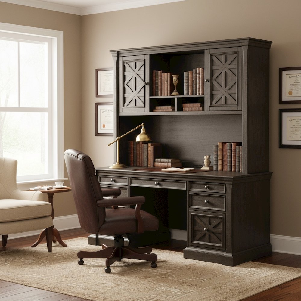 Wood Hutch With Doors, Fully Assembled, Center Open Storage, Brown Finish