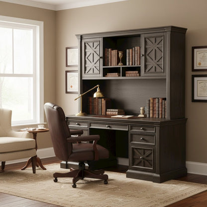 Wood Hutch With Doors, Fully Assembled, Center Open Storage, Brown Finish