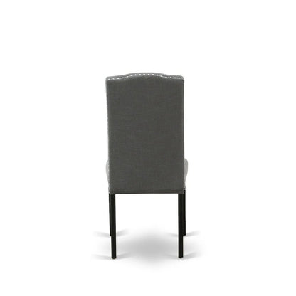 7 Piece Modern Dining Table Set Consist of a Rectangle Wooden Table and 6 Dark Gotham Linen Fabric Upholstered Chairs, Black