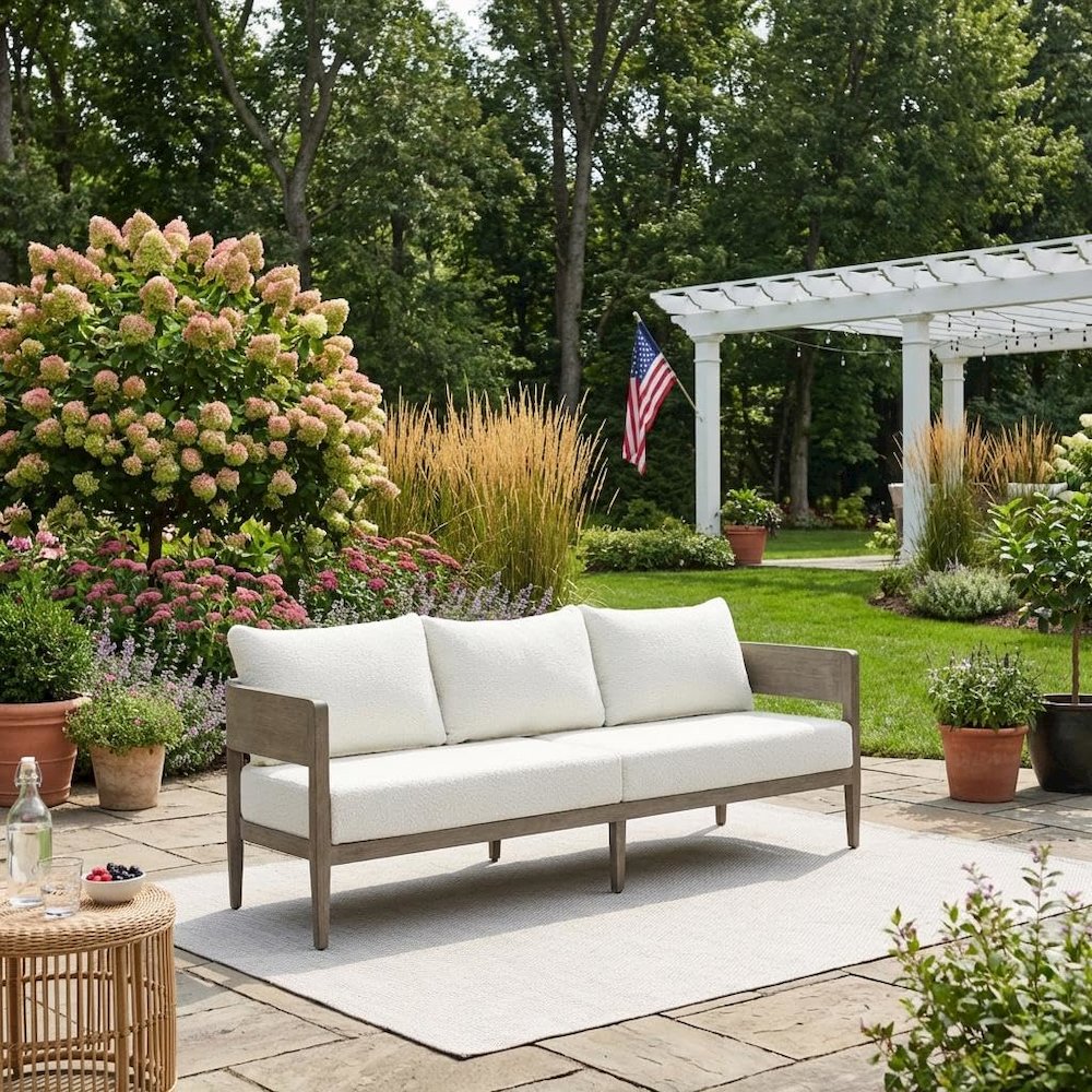 Beige Outdoor Sofa, 3-Seat Patio Couch With Aluminum Frame Design