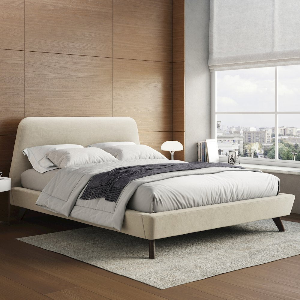 Henry Wood and Fabric Upholstered Queen Platform Bed in Beige