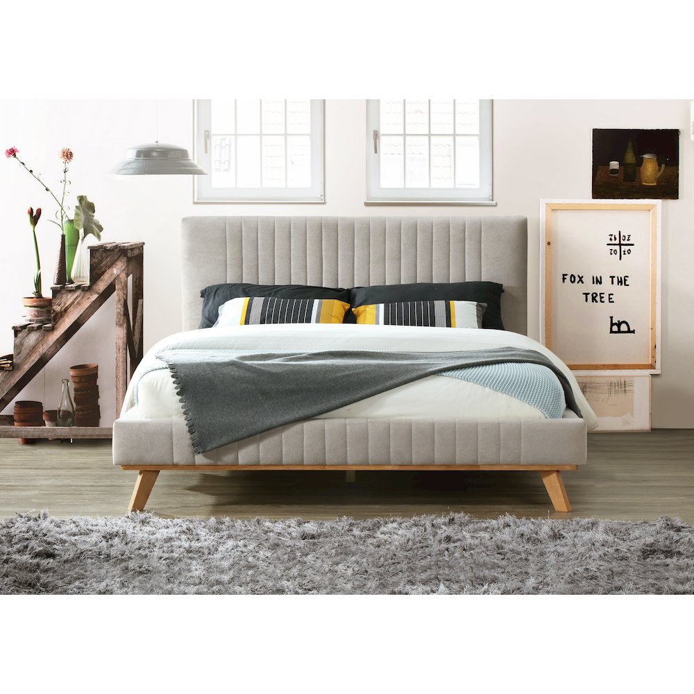 Sven Wood and Fabric Upholstered Queen Platform Bed in Taupe Gray