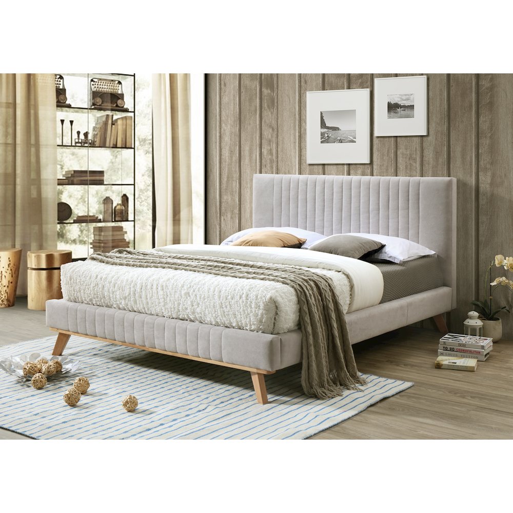 Sven Wood and Fabric Upholstered Queen Platform Bed in Taupe Gray