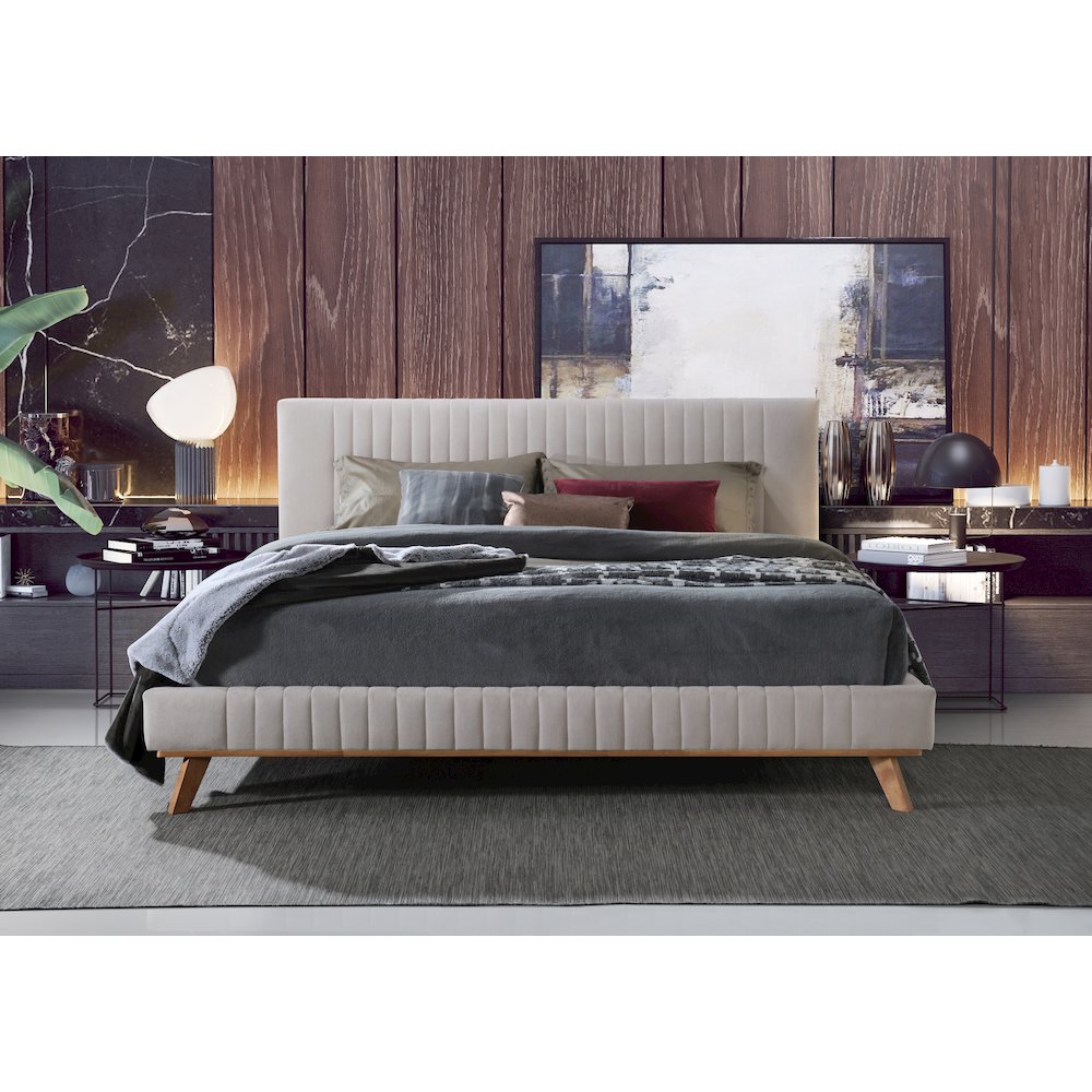 Sven Wood and Fabric Upholstered King Platform Bed in Taupe Gray