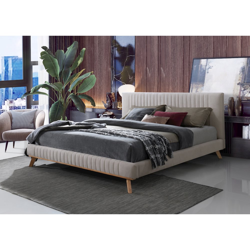 Sven Wood and Fabric Upholstered King Platform Bed in Taupe Gray