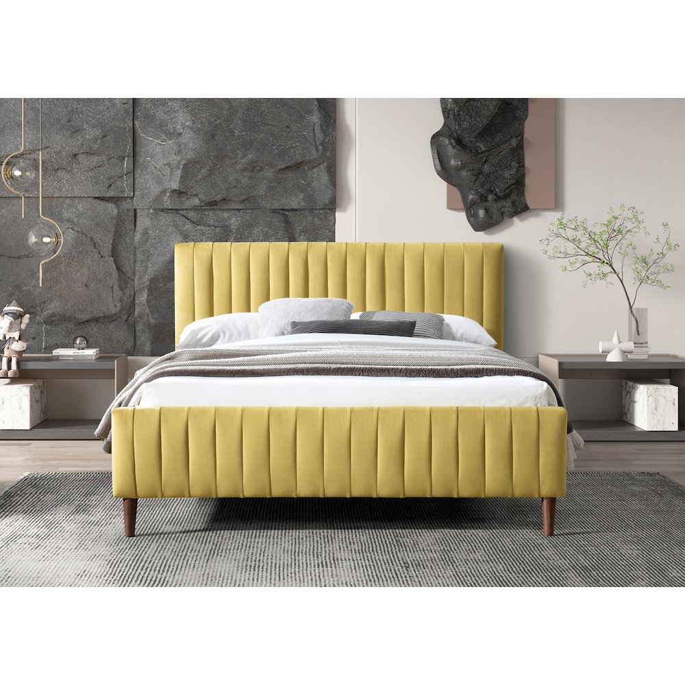 Spencer Wood/Fabric Upholstered Queen Platform Bed in Gold Velvet