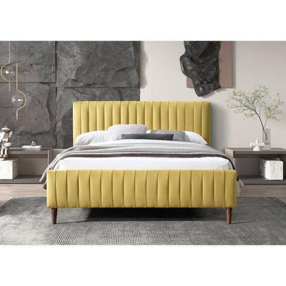 Spencer Wood/Fabric Upholstered Queen Platform Bed in Gold Velvet