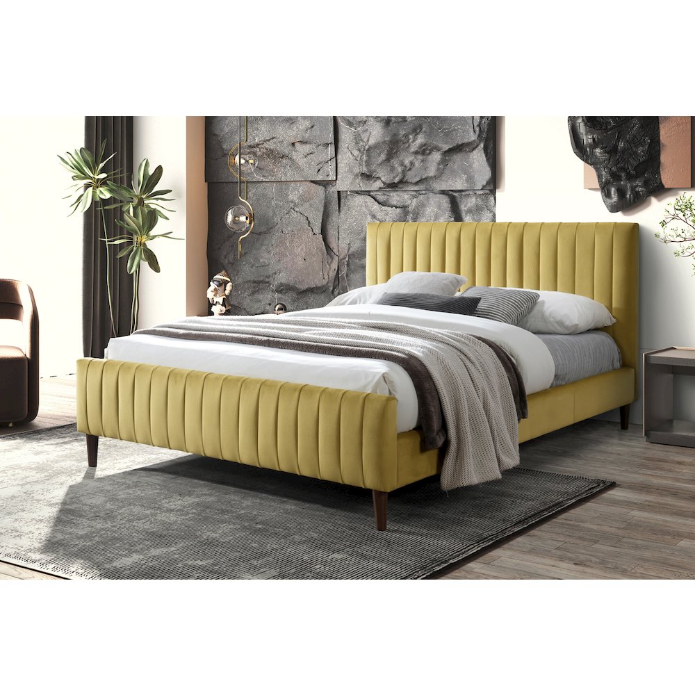 Spencer Wood/Fabric Upholstered Queen Platform Bed in Gold Velvet