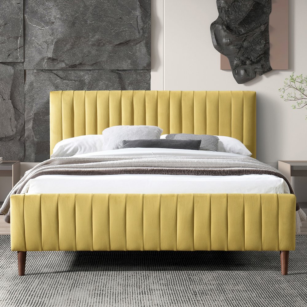 Spencer Wood/Fabric Upholstered Queen Platform Bed in Gold Velvet