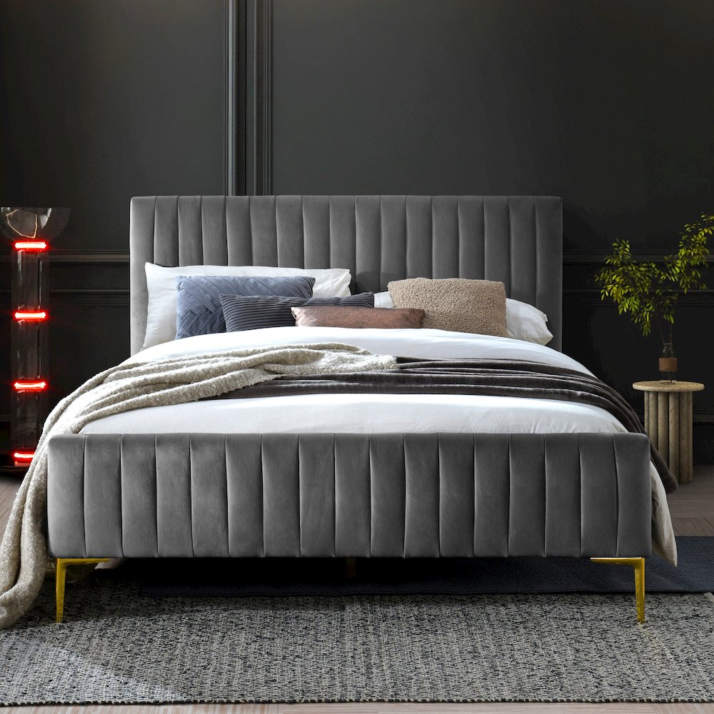 Julia Wood and Fabric Upholstered Queen Platform Bed in Charcoal