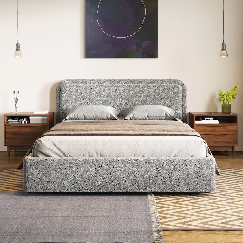 Chloe Upholstered Platform Queen Bed in Gray Boucle Fabric