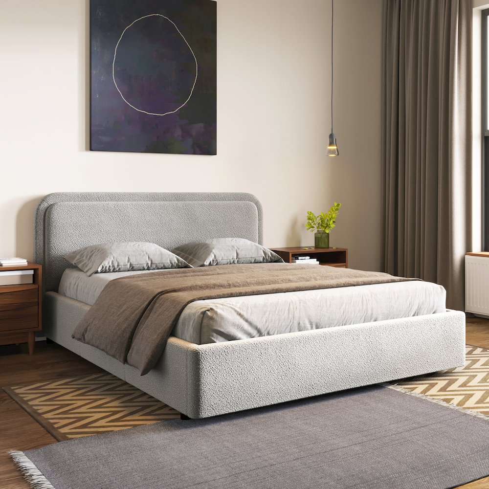 Chloe Upholstered Platform Queen Bed in Gray Boucle Fabric