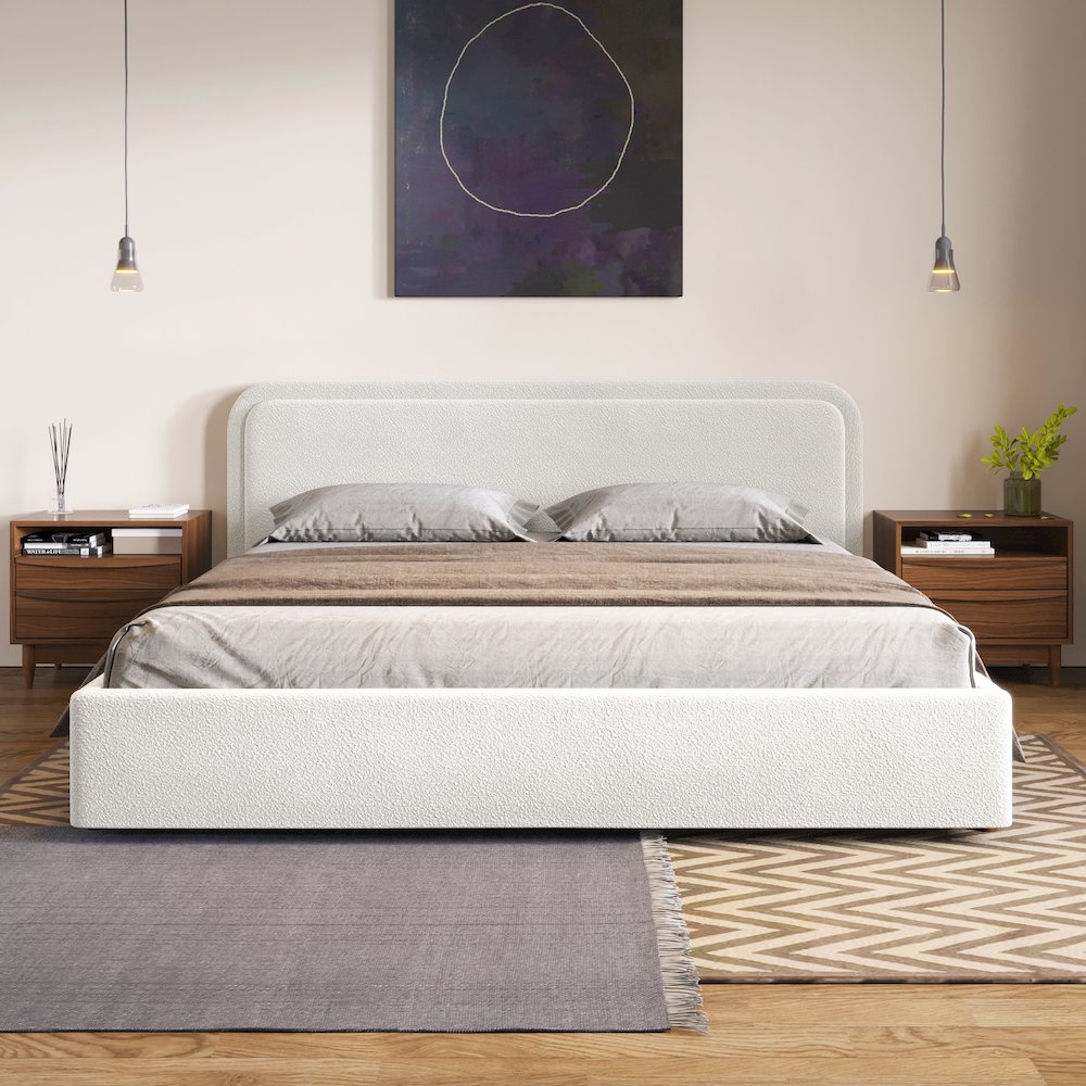 Upholstered Platform King Bed in White Boucle Fabric
