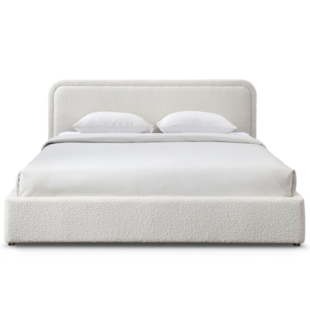 Upholstered Platform King Bed in White Boucle Fabric