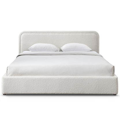 Upholstered Platform King Bed in White Boucle Fabric