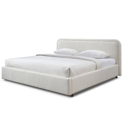 Upholstered Platform King Bed in White Boucle Fabric