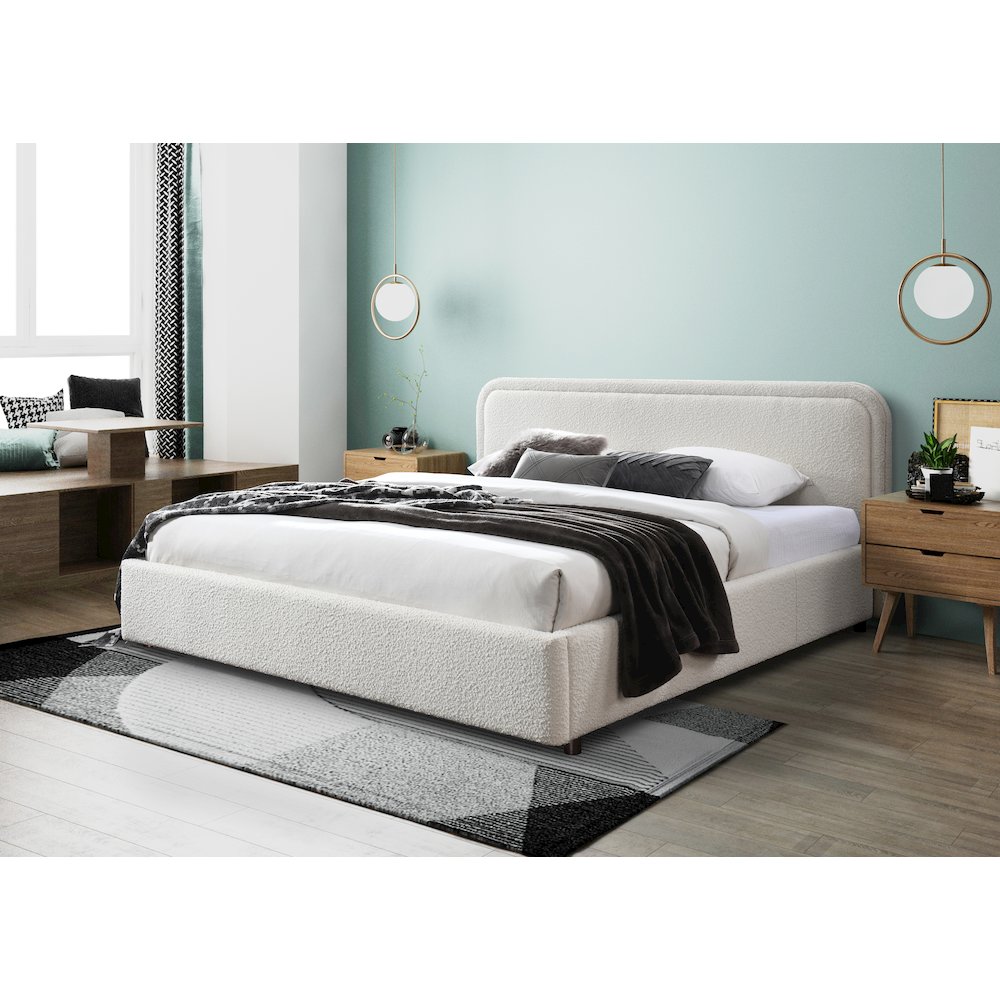 Upholstered Platform King Bed in White Boucle Fabric