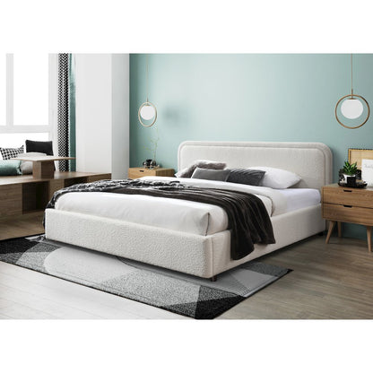Upholstered Platform King Bed in White Boucle Fabric