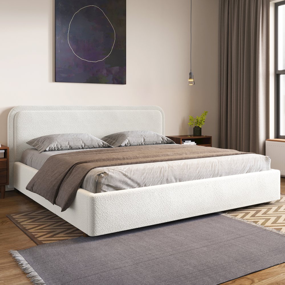Upholstered Platform King Bed in White Boucle Fabric