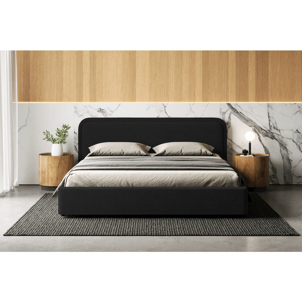 Upholstered Platform King Bed in Black Boucle Fabric