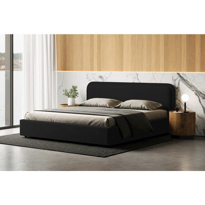 Upholstered Platform King Bed in Black Boucle Fabric
