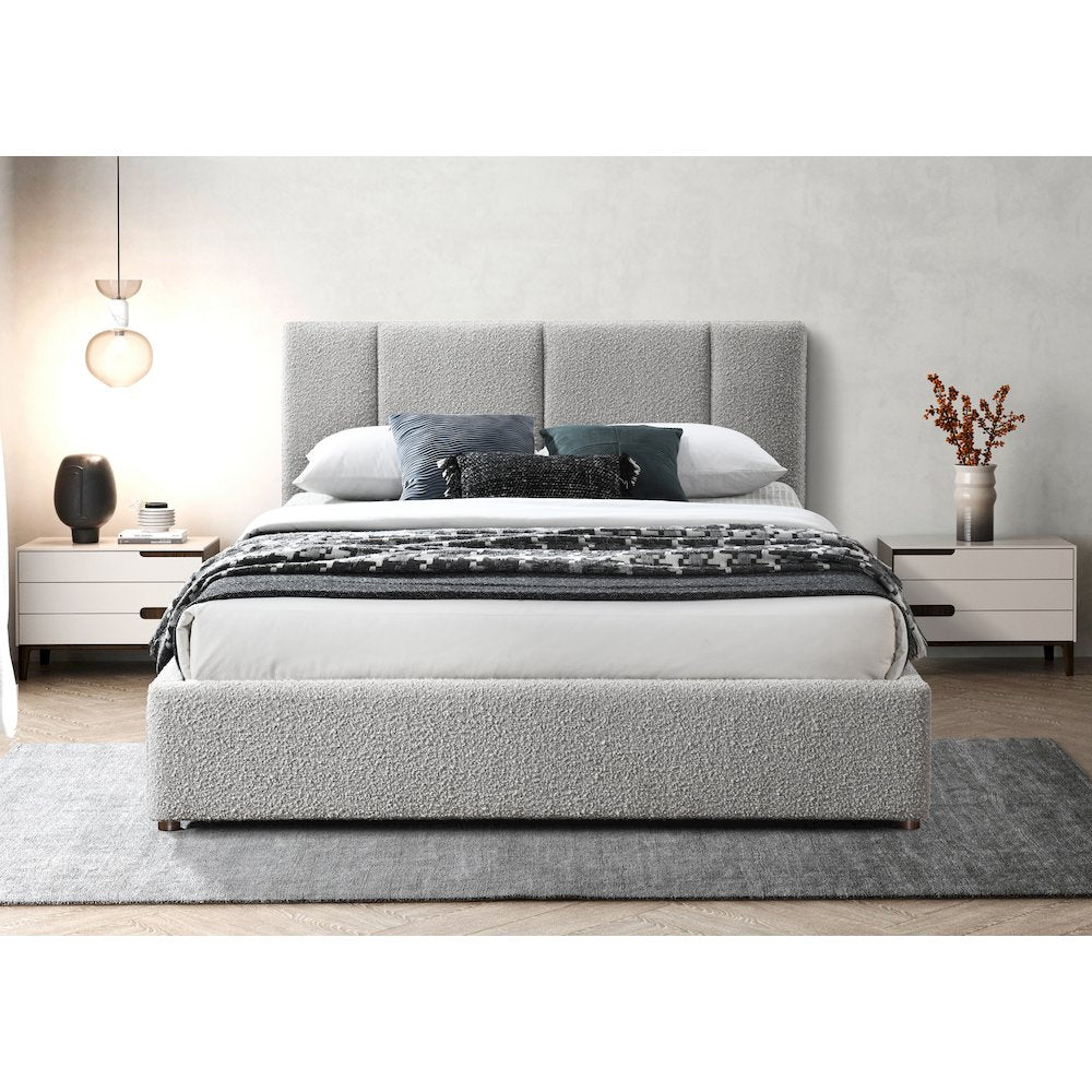 Venice Upholstered Platform Queen Bed in Gray Boucle Fabric