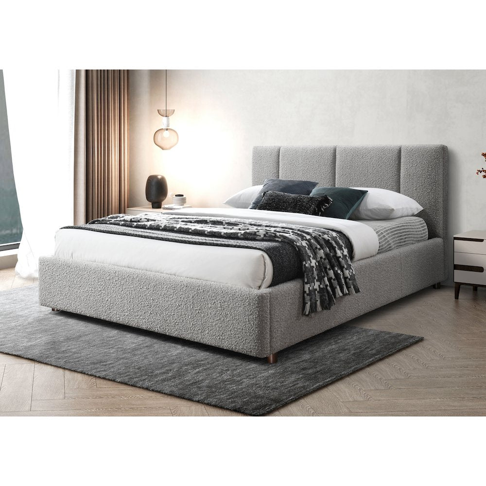 Venice Upholstered Platform Queen Bed in Gray Boucle Fabric