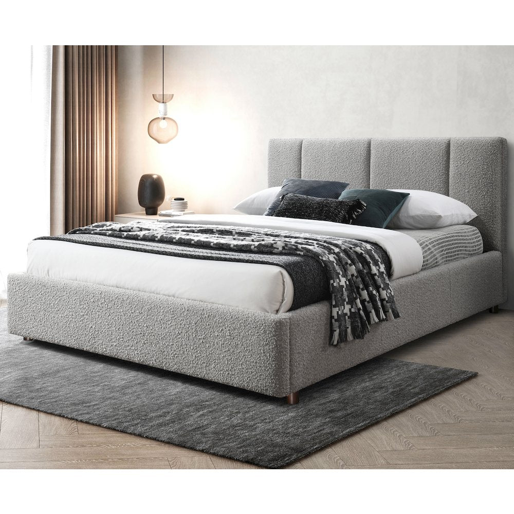 Venice Upholstered Platform Queen Bed in Gray Boucle Fabric