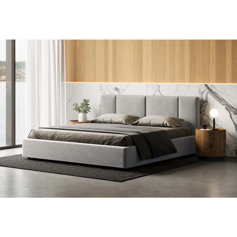 Venice Upholstered Platform King Bed in Gray Boucle Fabric