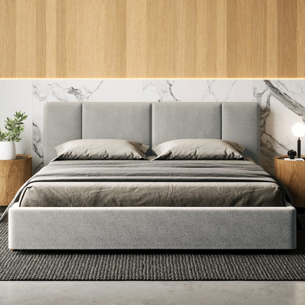 Venice Upholstered Platform King Bed in Gray Boucle Fabric