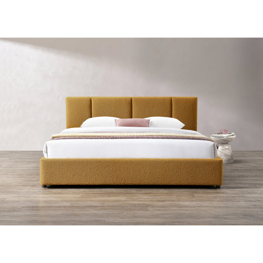 Venice Upholstered Platform King Bed in Mustard Boucle Fabric