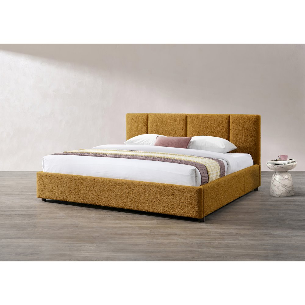 Venice Upholstered Platform King Bed in Mustard Boucle Fabric