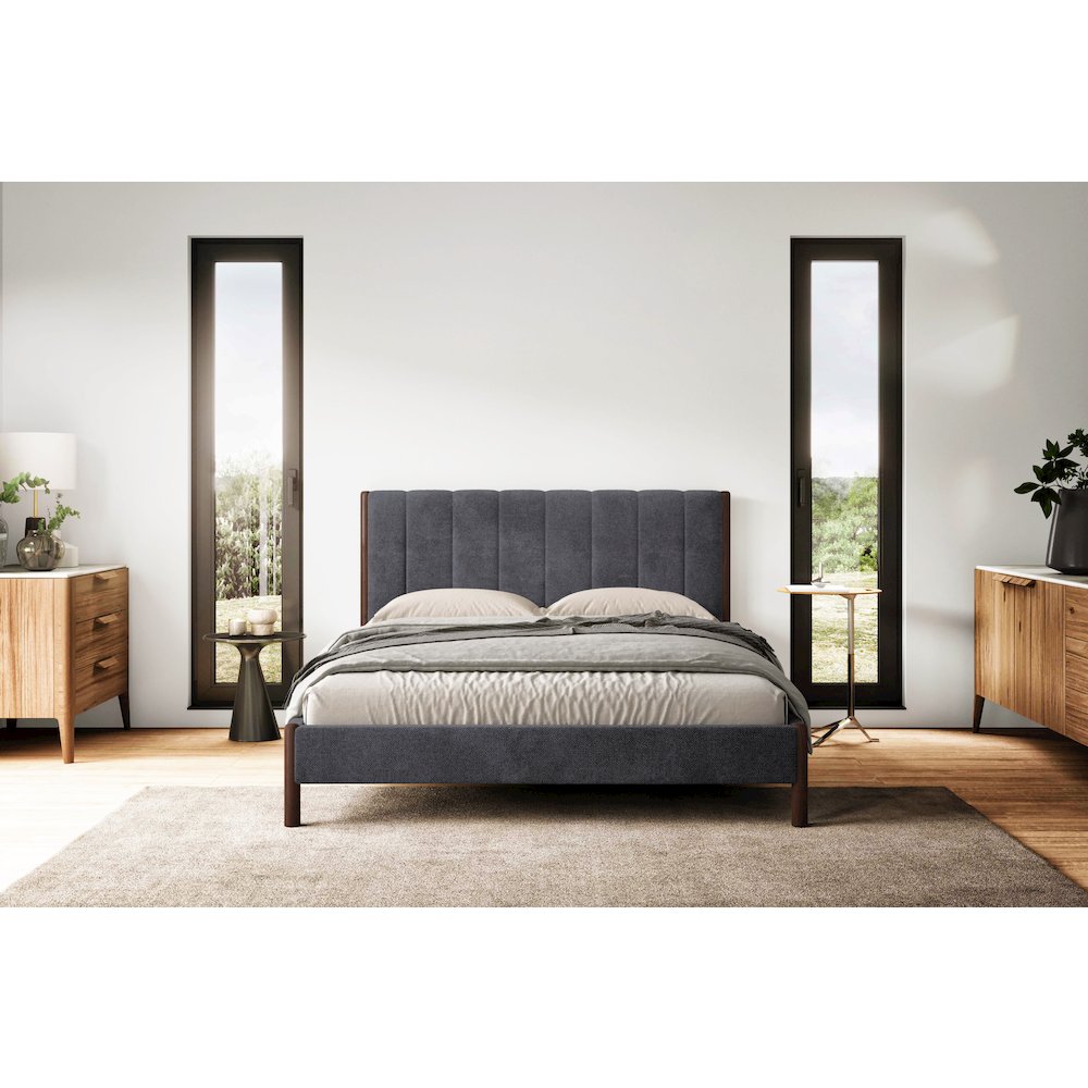Exton Upholstered Platform Queen Bed in Dark Gray Fabric