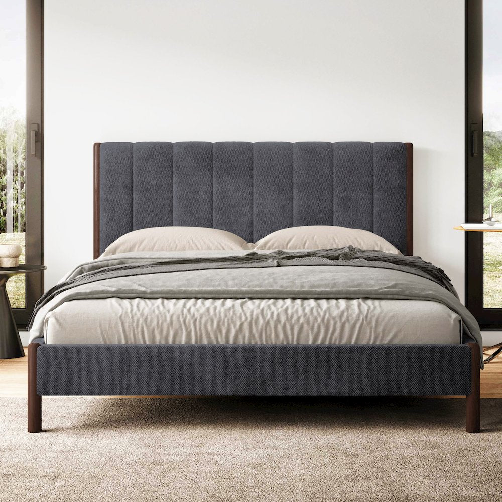 Exton Upholstered Platform Queen Bed in Dark Gray Fabric