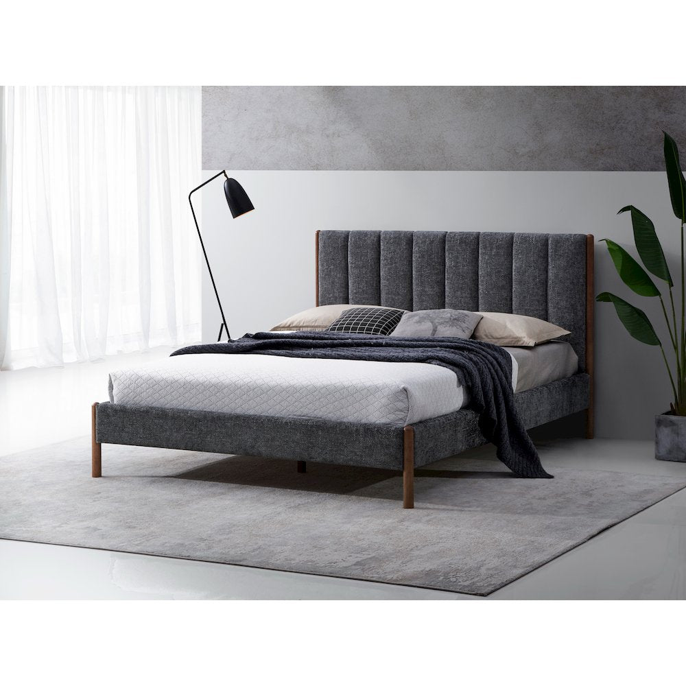 Exton Upholstered Platform Queen Bed in Dark Gray Fabric
