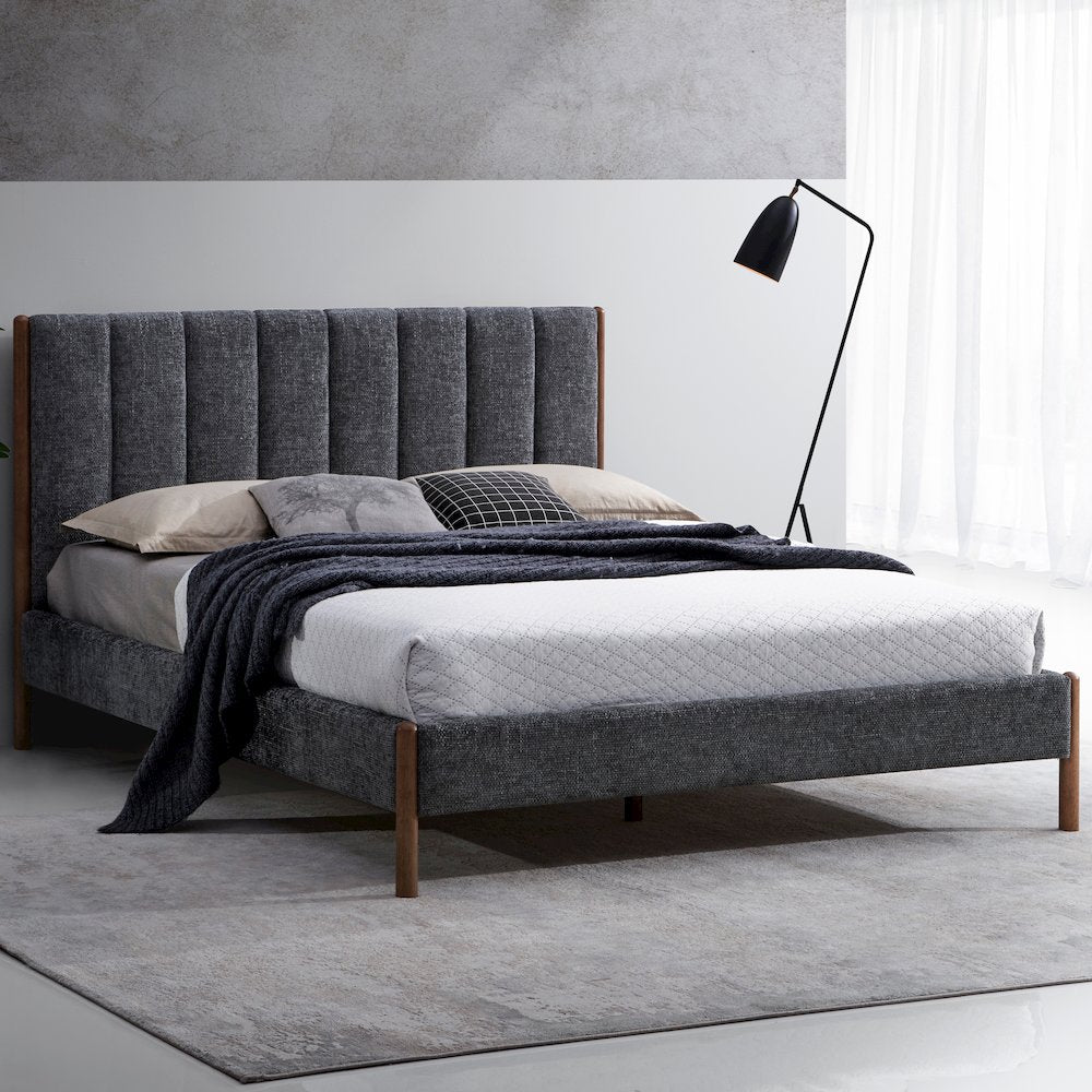 Exton Upholstered Platform Queen Bed in Dark Gray Fabric