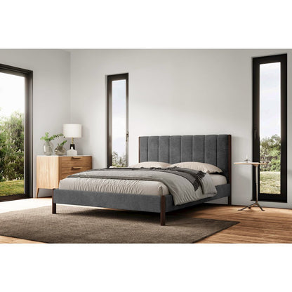 Exton Upholstered Platform Queen Bed in Dark Gray Fabric