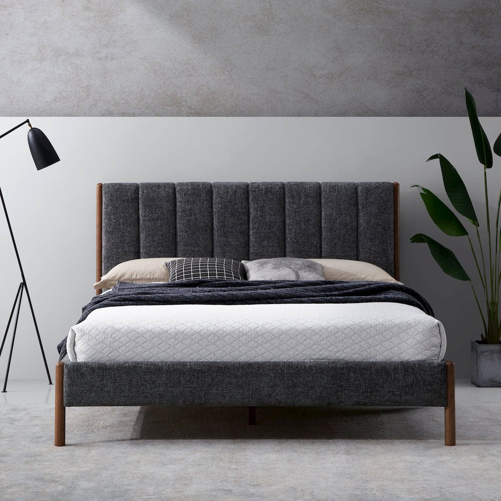 Exton Upholstered Platform Queen Bed in Dark Gray Fabric