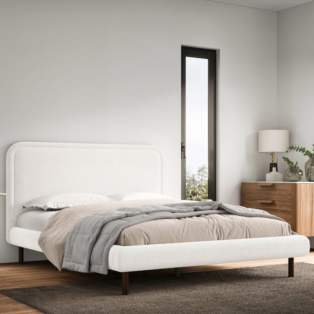 Beverly Upholstered Platform Queen Bed in White Boucle Fabric