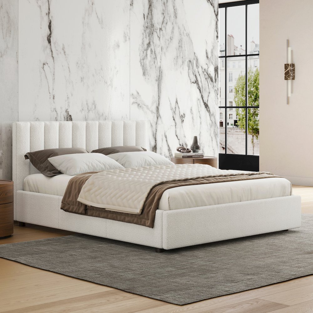 Jaxon Upholstered Platform Queen Bed in White Boucle Fabric