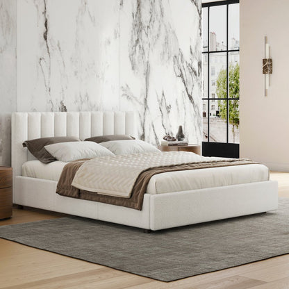 Jaxon Upholstered Platform Queen Bed in White Boucle Fabric
