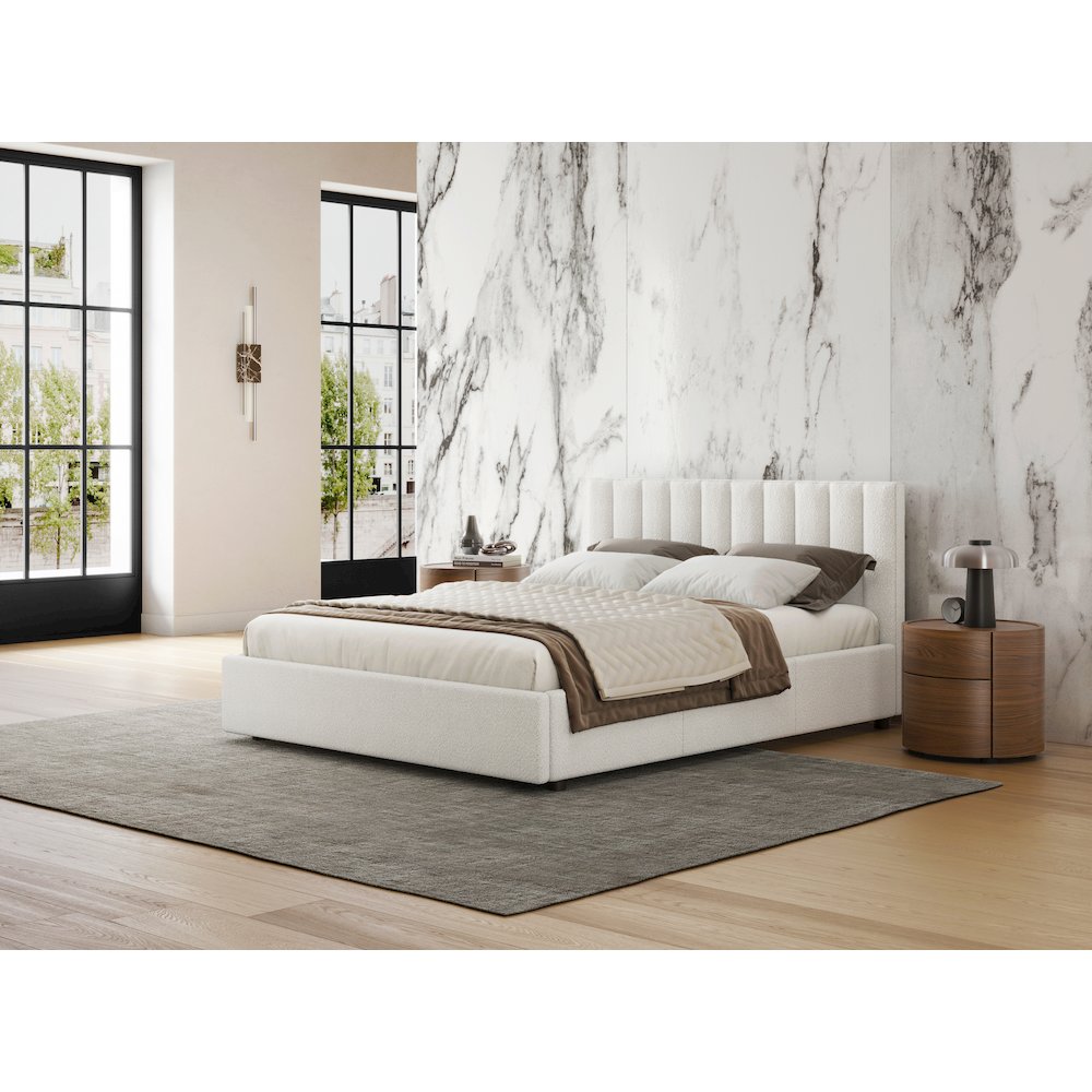 Jaxon Upholstered Platform Queen Bed in White Boucle Fabric
