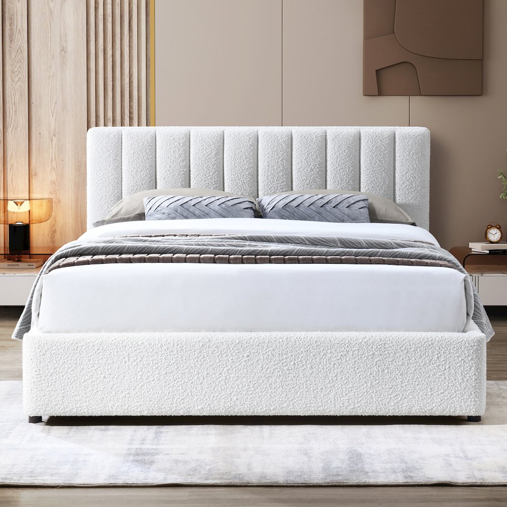 Jaxon Upholstered Platform Queen Bed in White Boucle Fabric