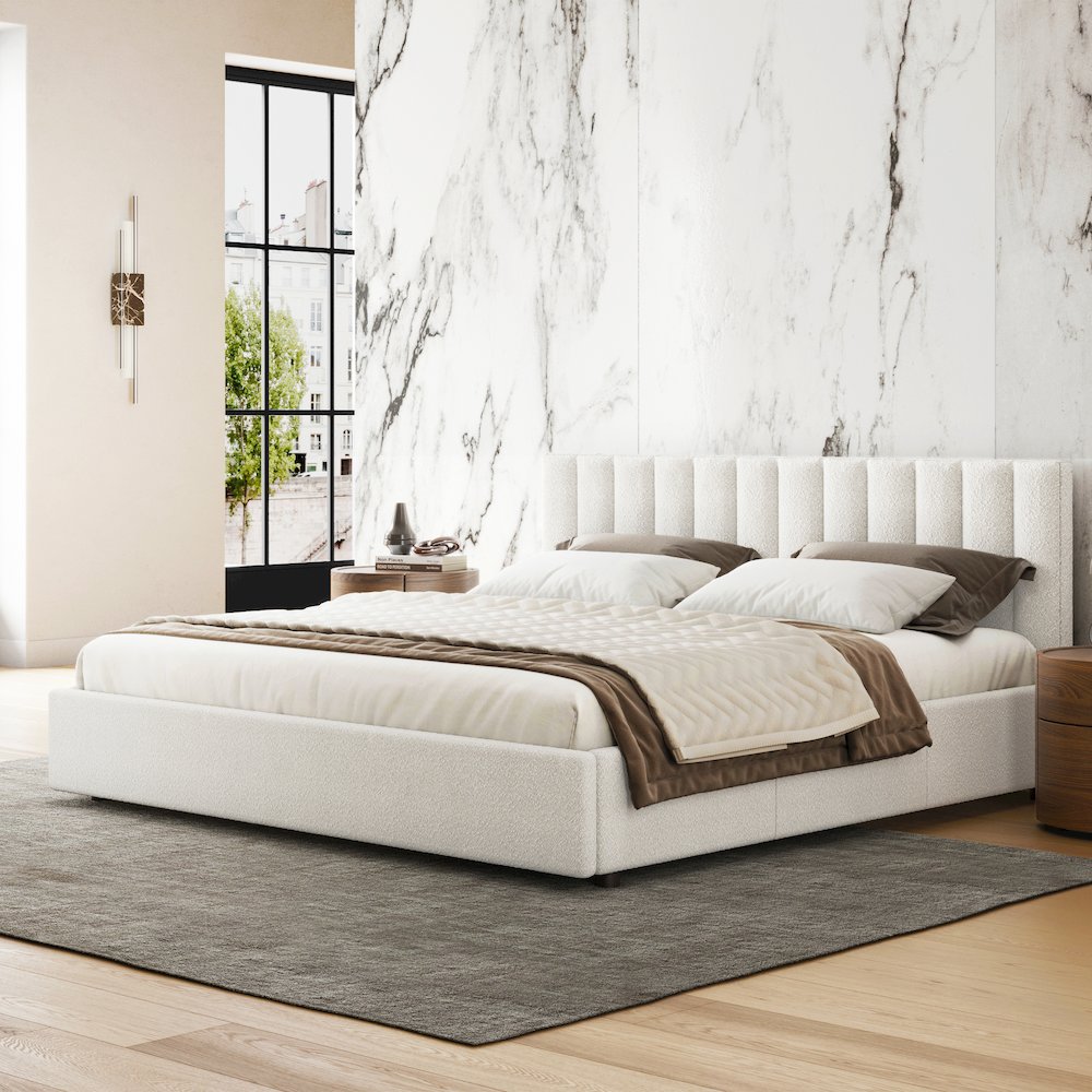 Jaxon Upholstered Platform King Bed in White Boucle Fabric