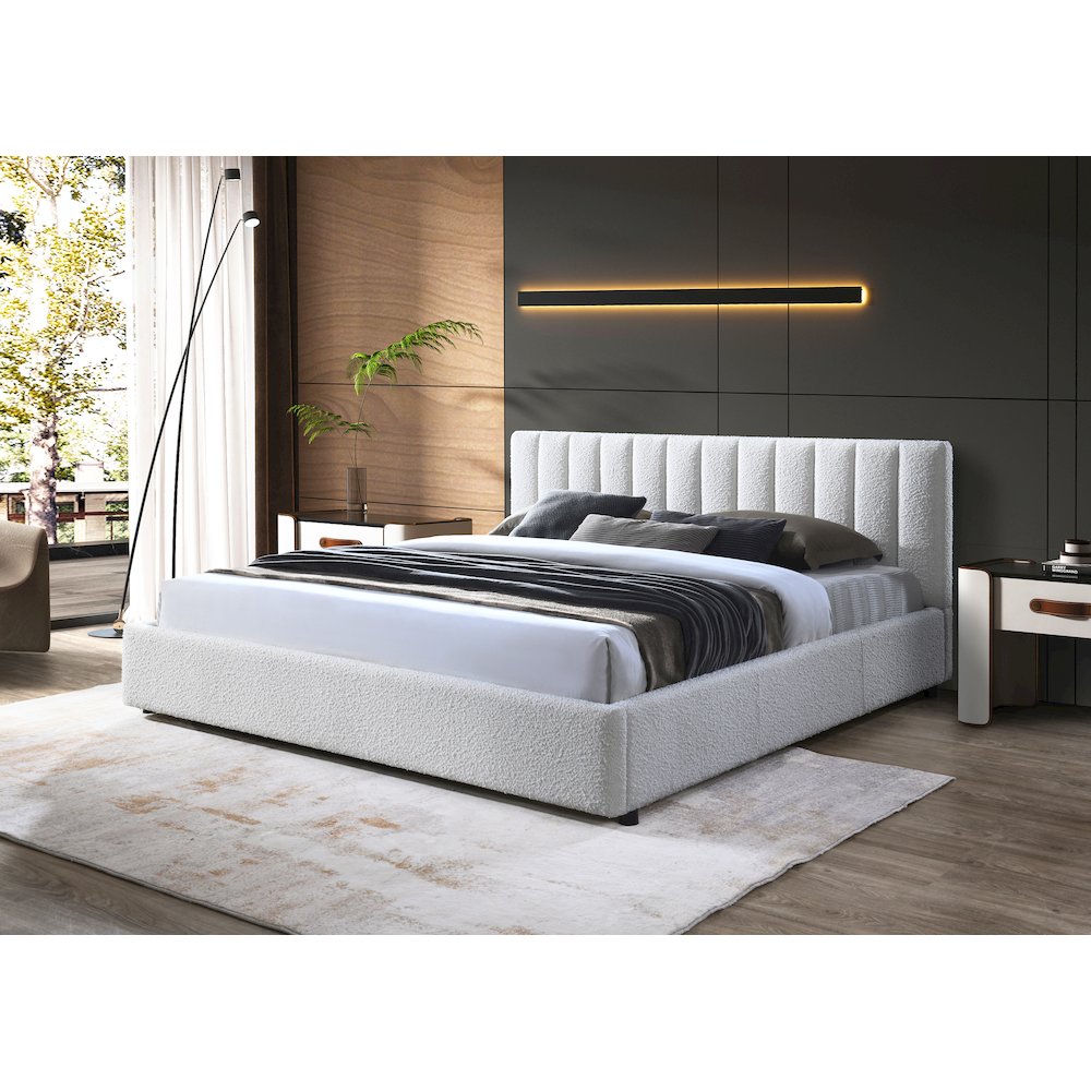 Jaxon Upholstered Platform King Bed in White Boucle Fabric