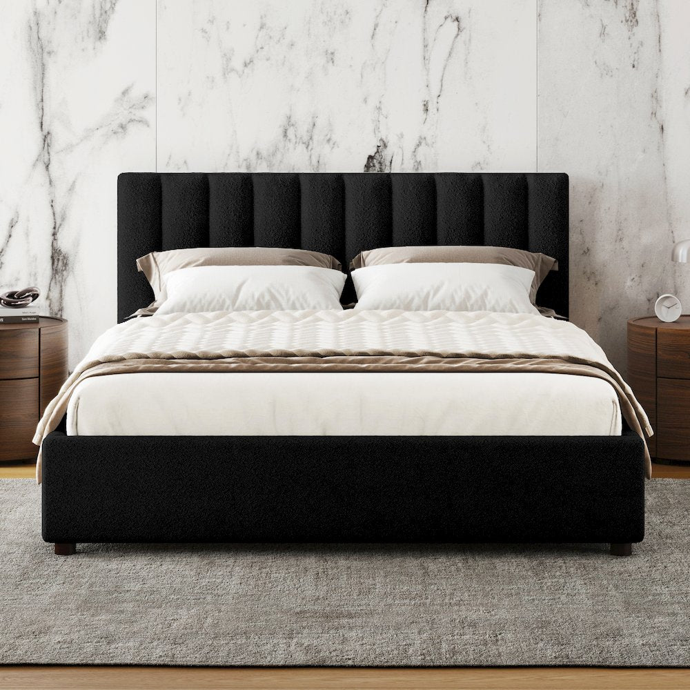 Jaxon Upholstered Platform Queen Bed in Black Boucle Fabric