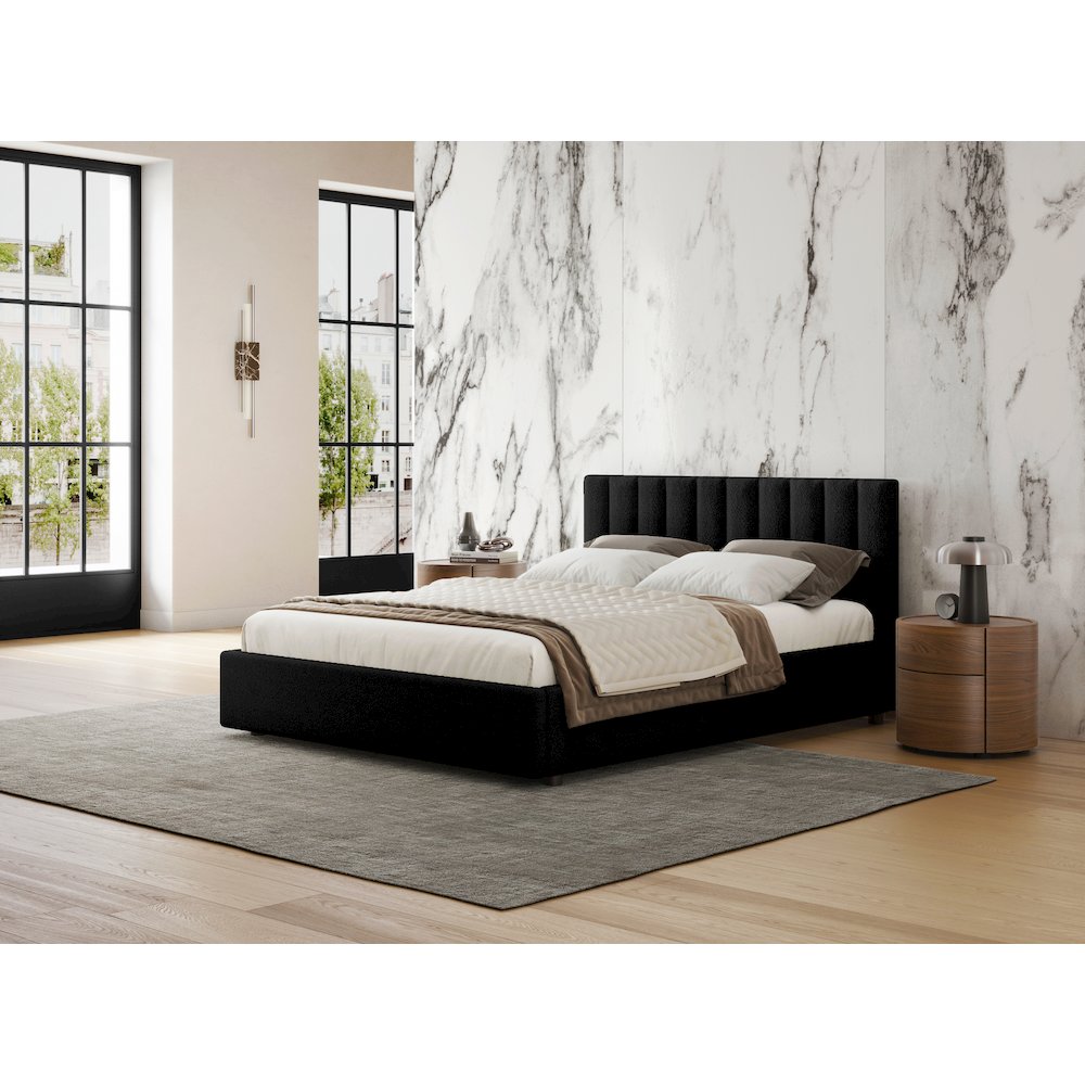 Jaxon Upholstered Platform Queen Bed in Black Boucle Fabric