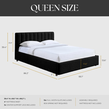 Jaxon Upholstered Platform Queen Bed in Black Boucle Fabric