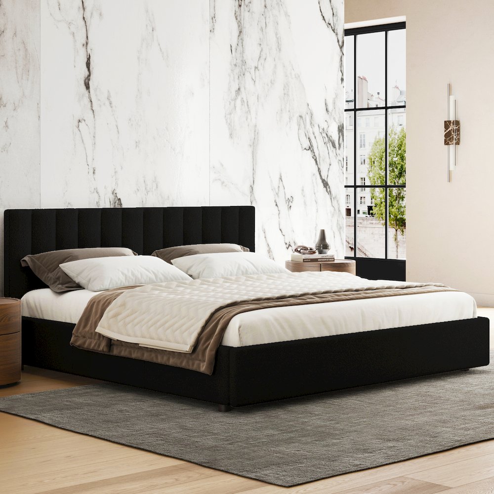 Jaxon Upholstered Platform King Bed in Black Boucle Fabric
